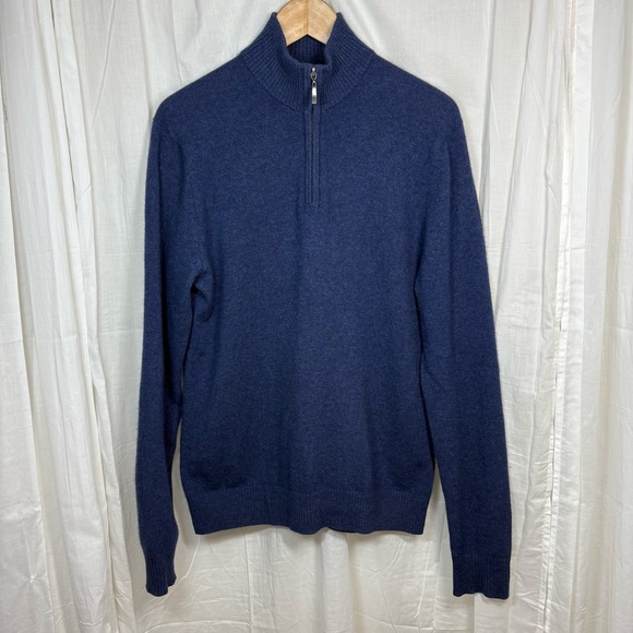Qi New York 100% Cashmere 1/4 Zip Mockneck Blue Sweater Size M - Picture 1 of 8